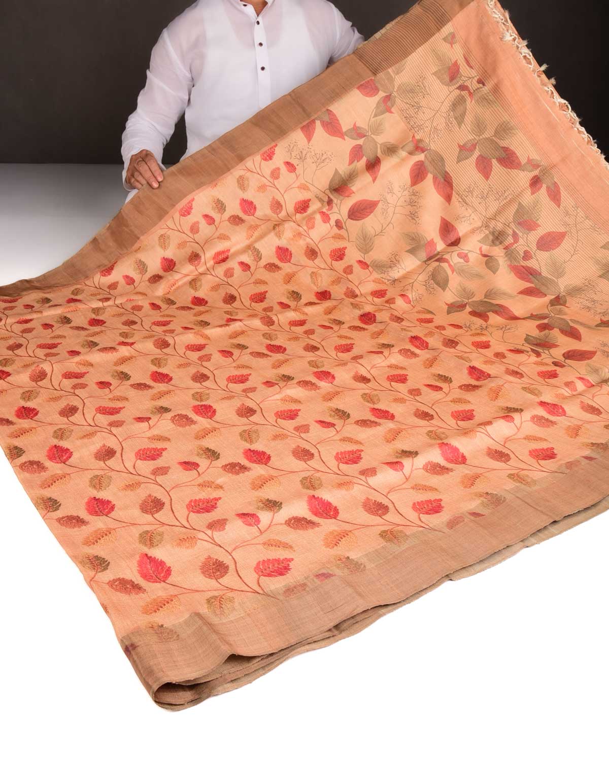 Blush Beige Floral Printed Tasar Silk Saree with Tissue Border-HolyWeaves