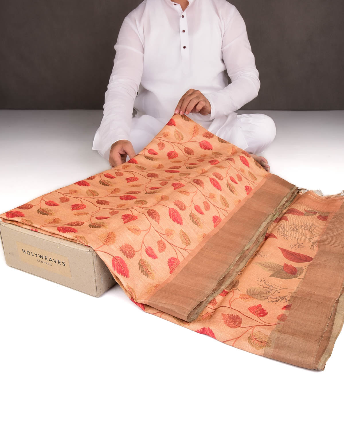 Blush Beige Floral Printed Tasar Silk Saree with Tissue Border-HolyWeaves