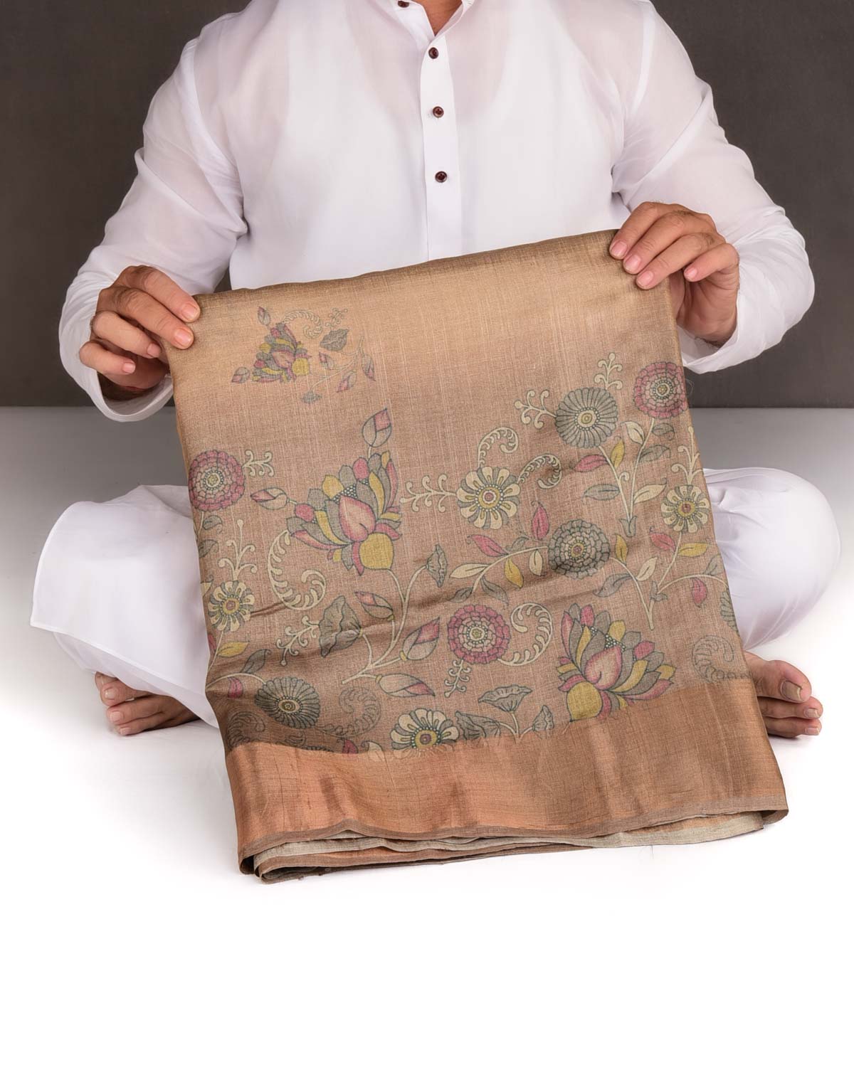 Brown Floral Printed Tasar Silk Saree with Tissue Border-HolyWeaves