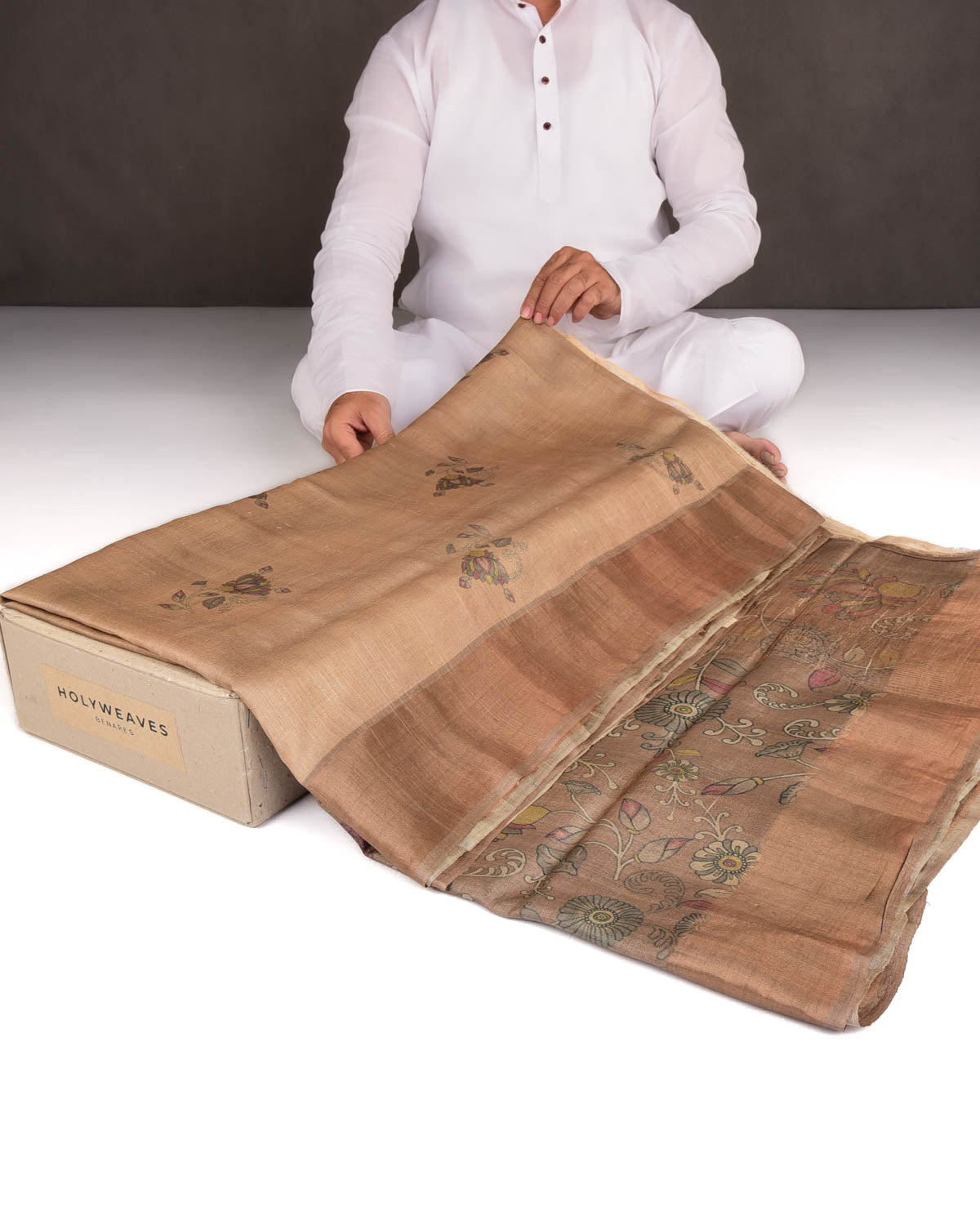 Brown Floral Printed Tasar Silk Saree with Tissue Border-HolyWeaves