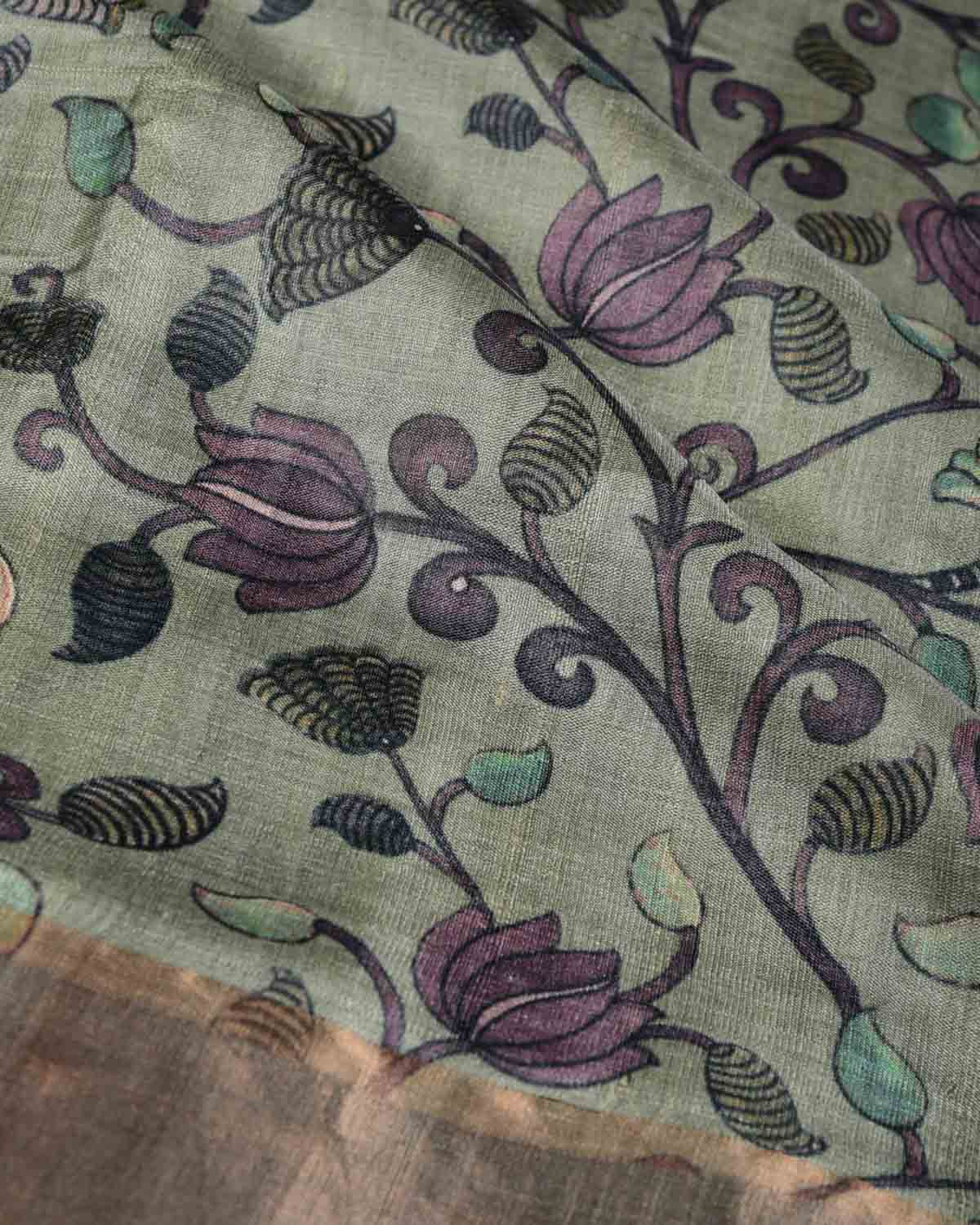 Gray Black On Blue Floral Printed Tasar Silk Saree with Tissue Border-HolyWeaves