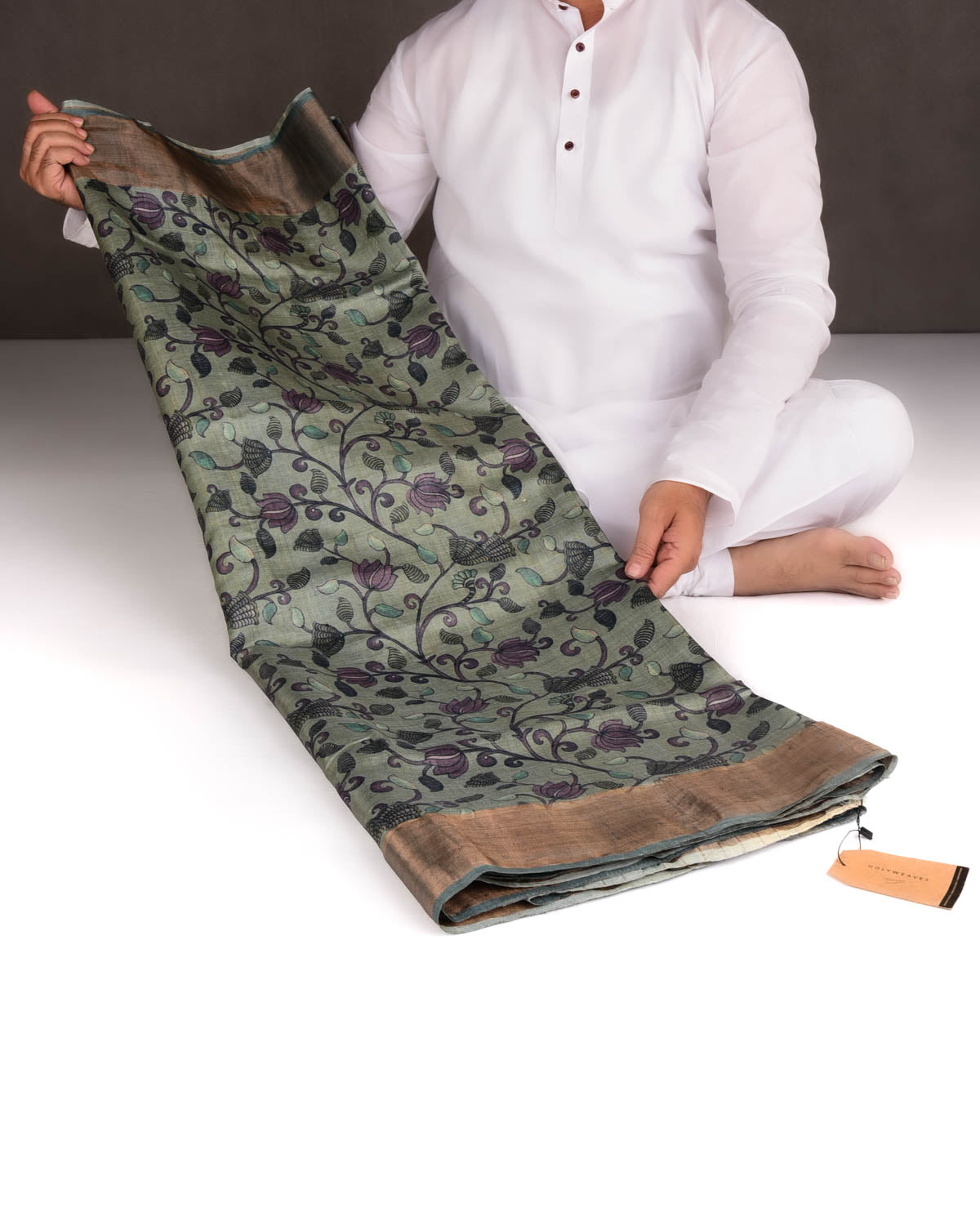 Gray Black On Blue Floral Printed Tasar Silk Saree with Tissue Border-HolyWeaves