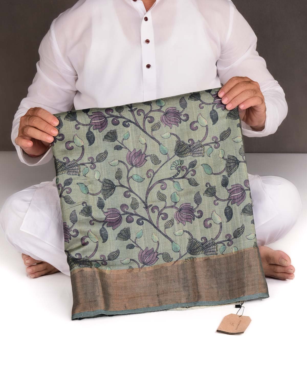 Gray Black On Blue Floral Printed Tasar Silk Saree with Tissue Border-HolyWeaves