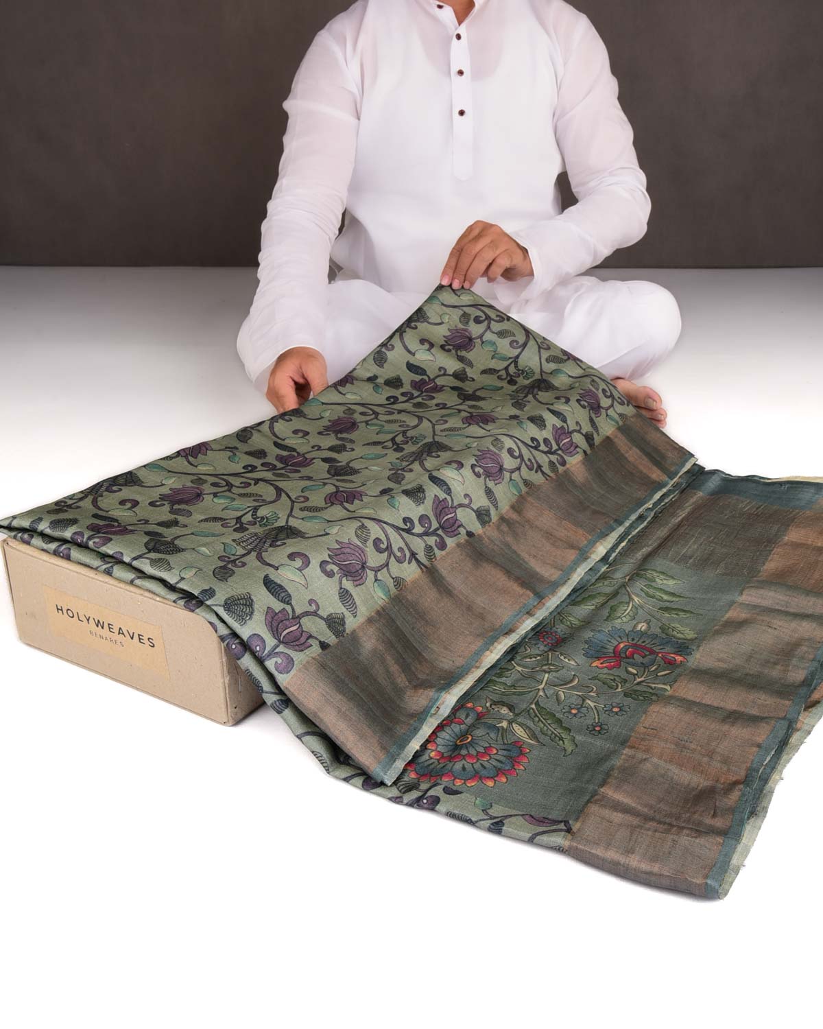 Gray Black On Blue Floral Printed Tasar Silk Saree with Tissue Border-HolyWeaves