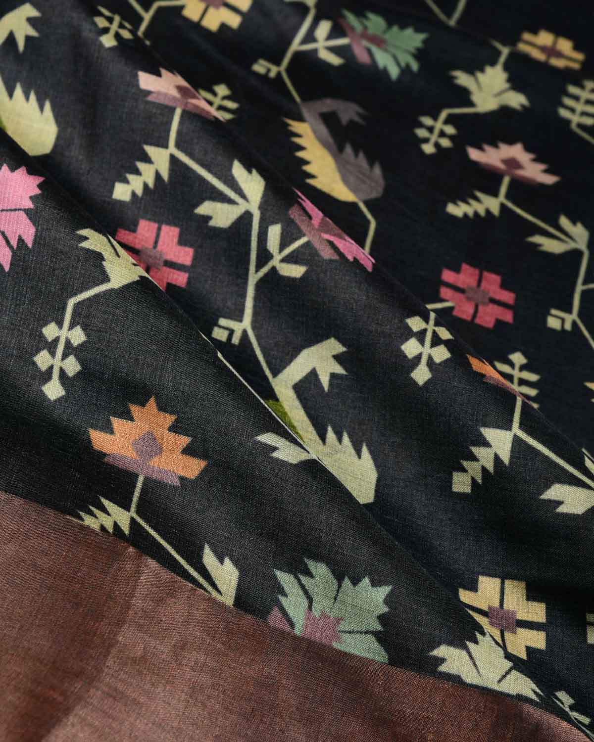 Black Floral Jamdani Printed Tasar Silk Saree with Tissue Border-HolyWeaves