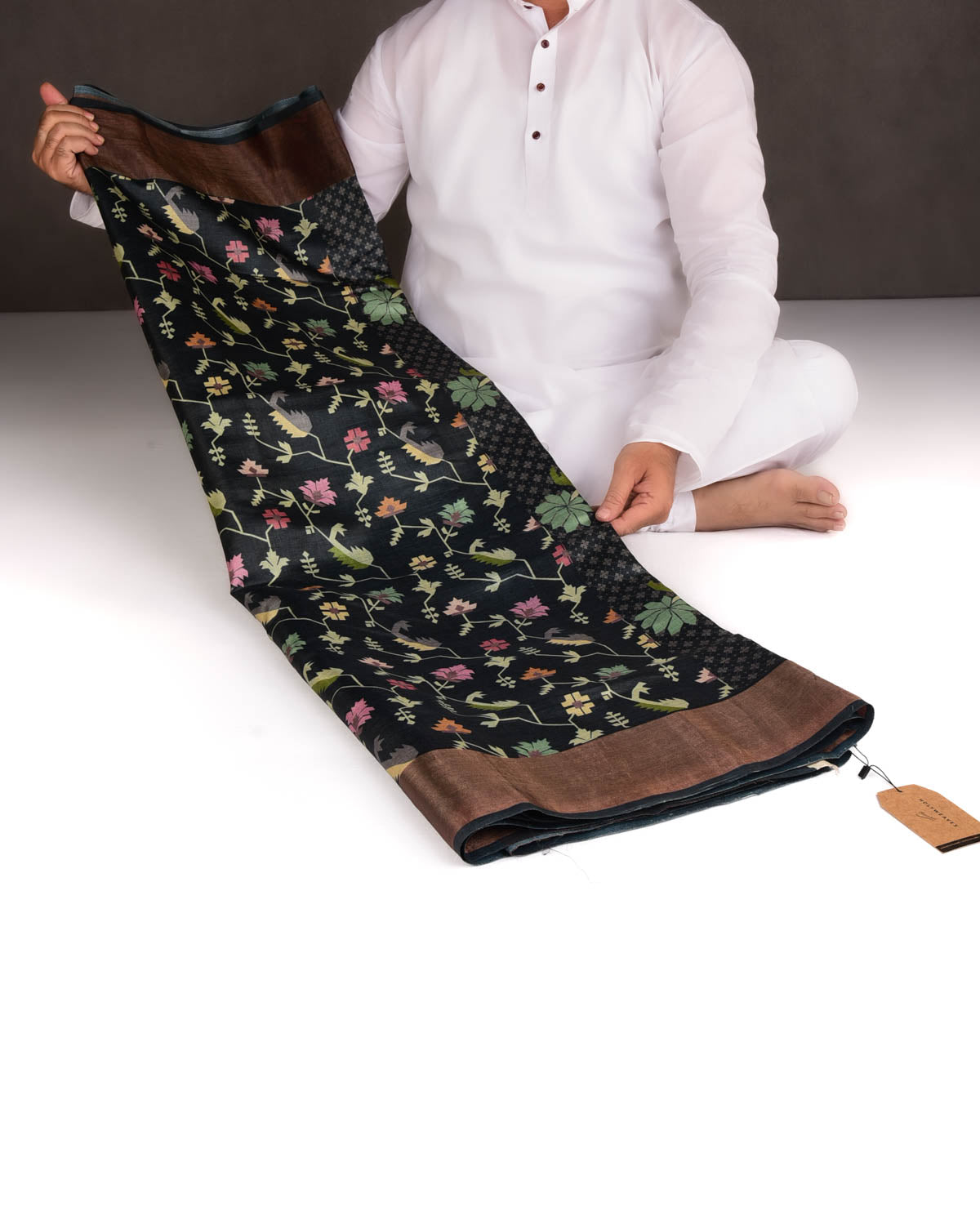 Black Floral Jamdani Printed Tasar Silk Saree with Tissue Border-HolyWeaves