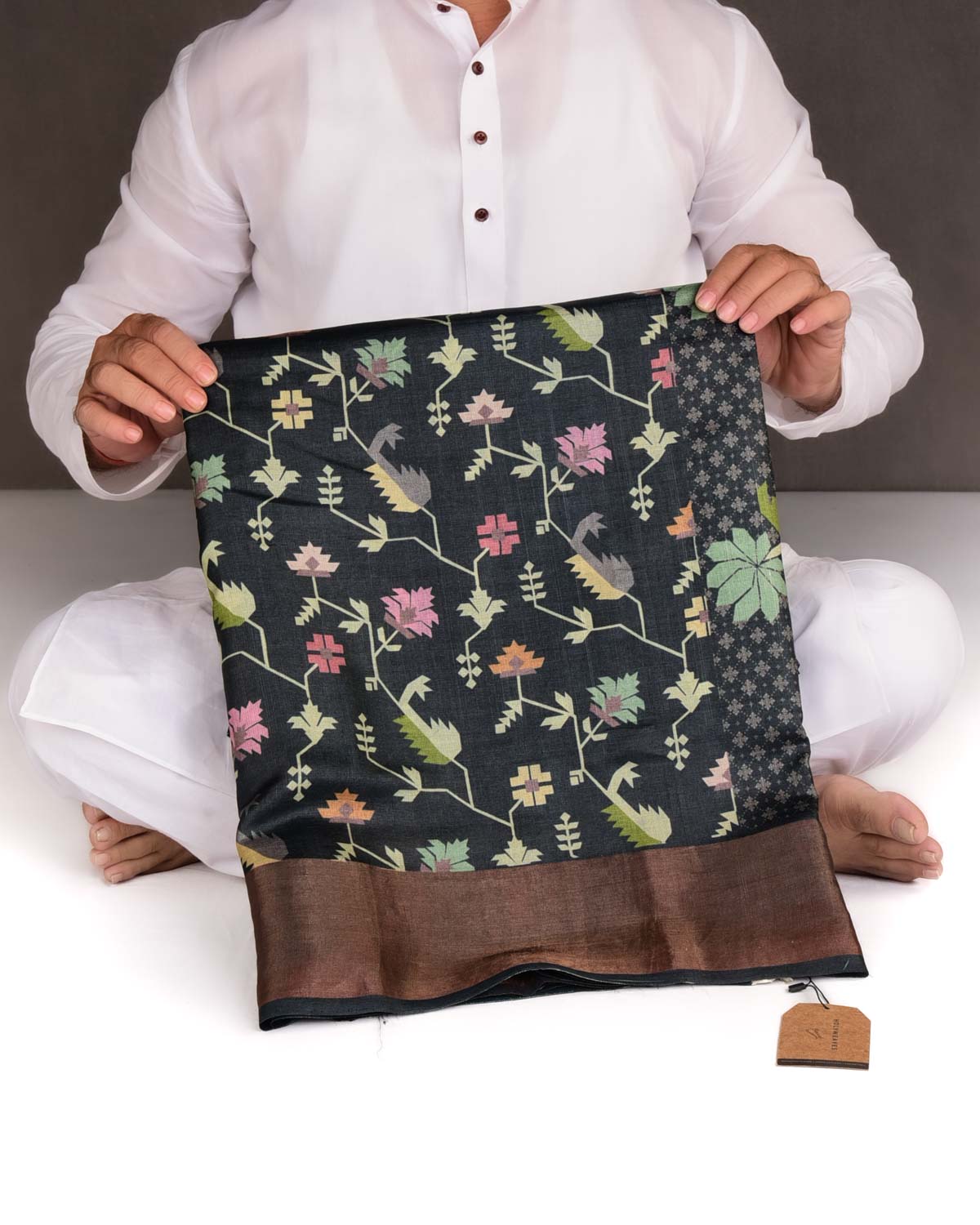 Black Floral Jamdani Printed Tasar Silk Saree with Tissue Border-HolyWeaves