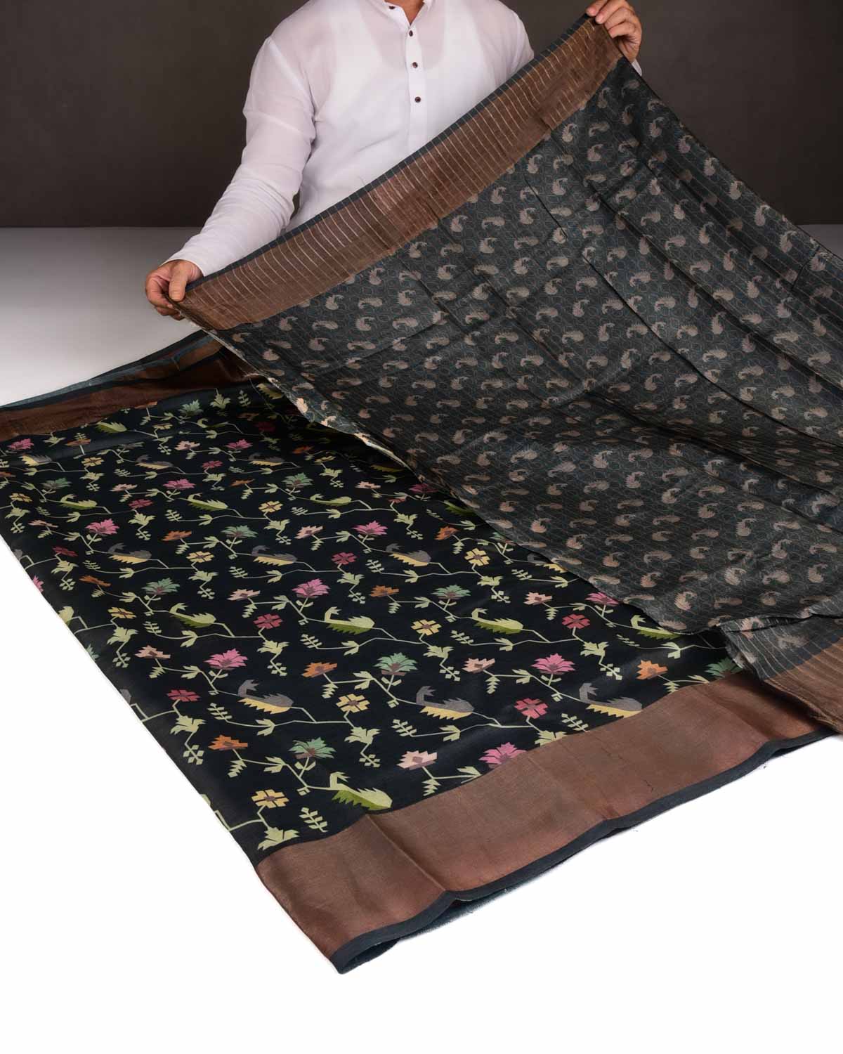 Black Floral Jamdani Printed Tasar Silk Saree with Tissue Border-HolyWeaves