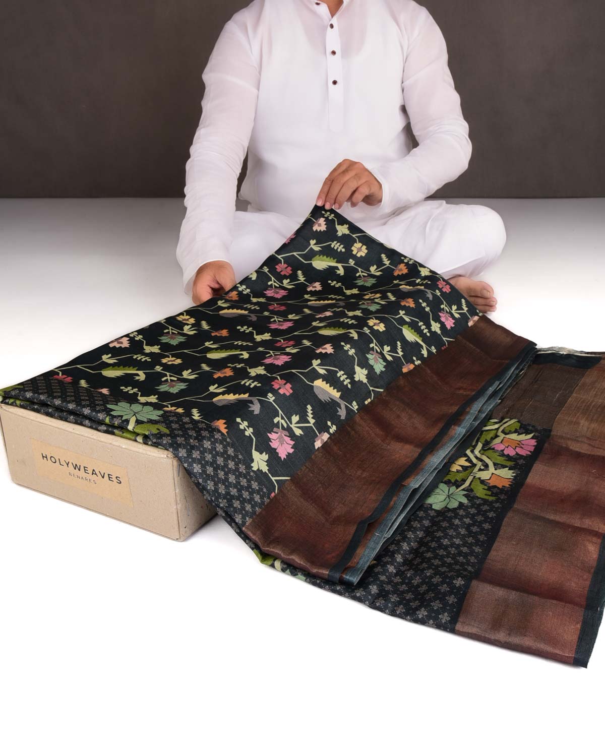 Black Floral Jamdani Printed Tasar Silk Saree with Tissue Border-HolyWeaves