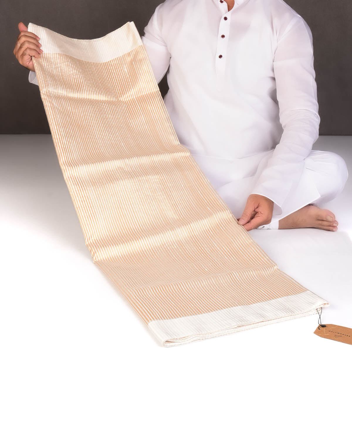 Metallic Gold Stripes Brocade Woven Dupion Silk Saree with Satin Border-HolyWeaves