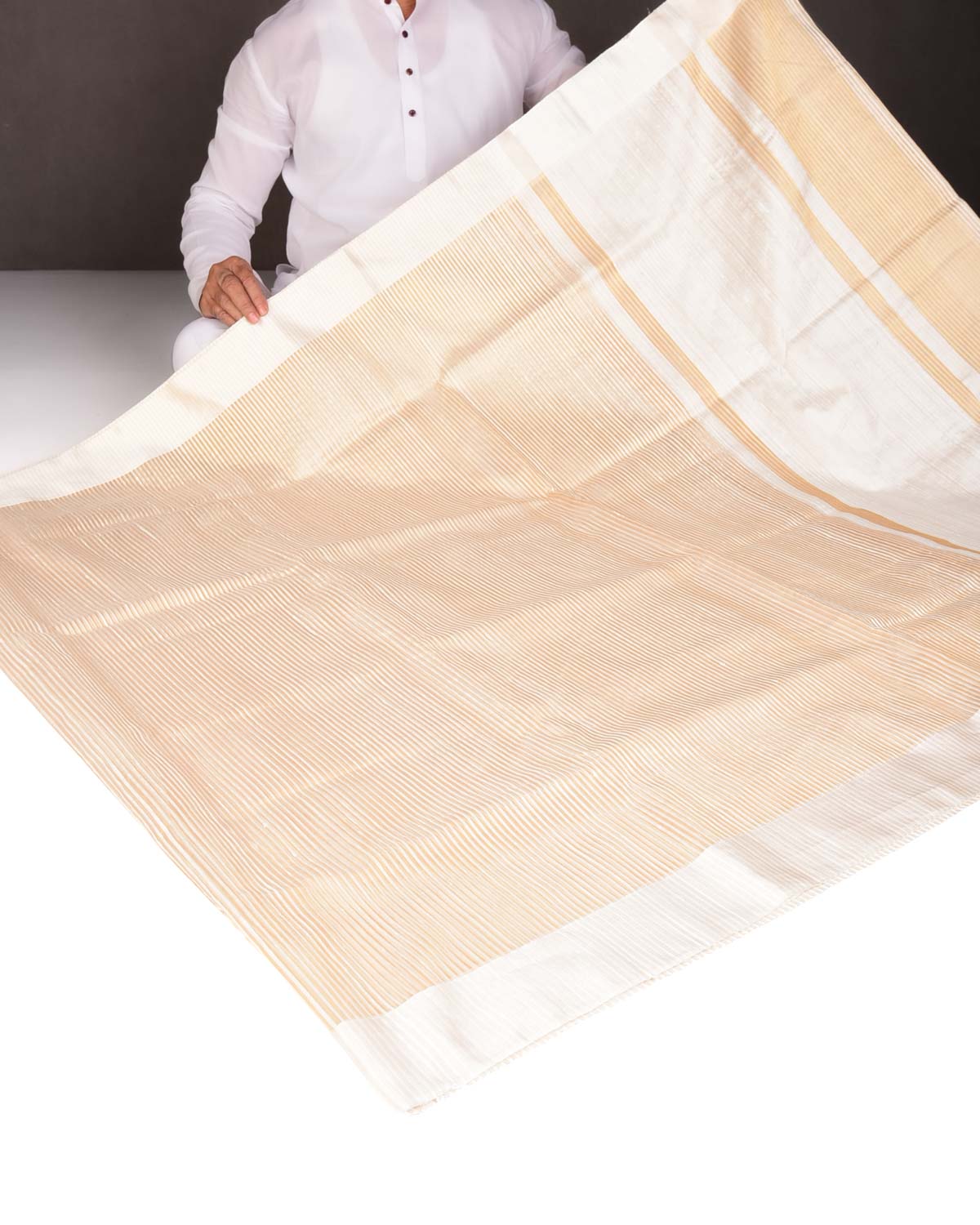 Metallic Gold Stripes Brocade Woven Dupion Silk Saree with Satin Border-HolyWeaves