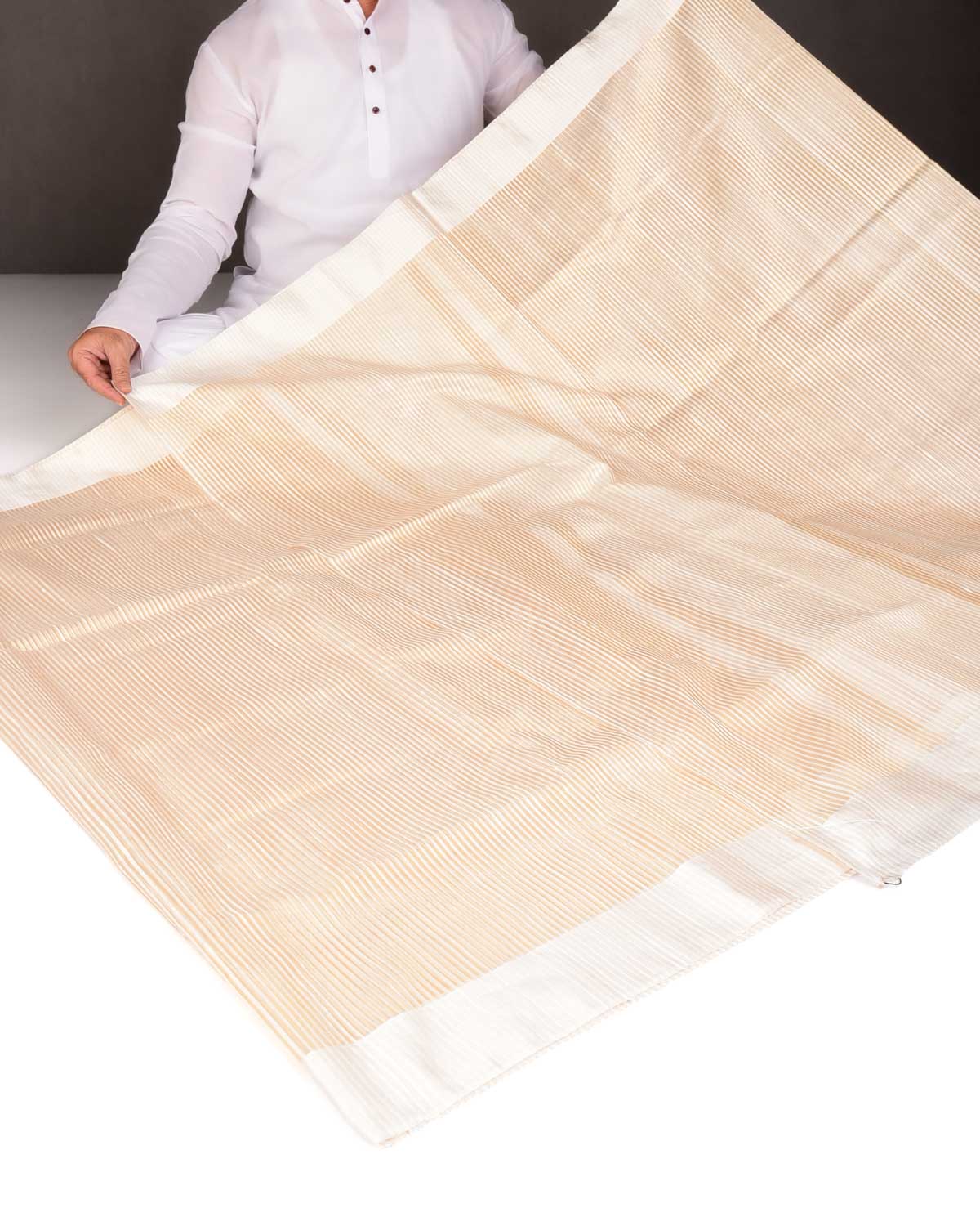 Metallic Gold Stripes Brocade Woven Dupion Silk Saree with Satin Border-HolyWeaves