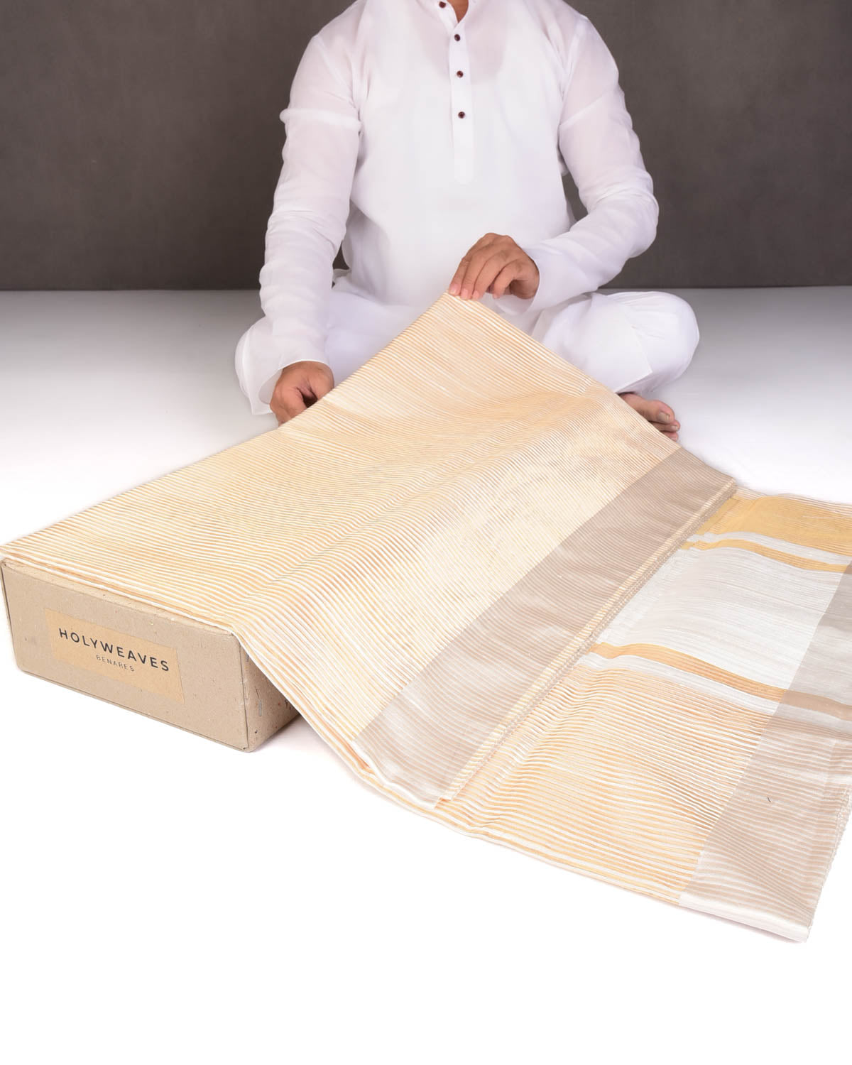 Metallic Gold Stripes Brocade Woven Dupion Silk Saree with Satin Border-HolyWeaves