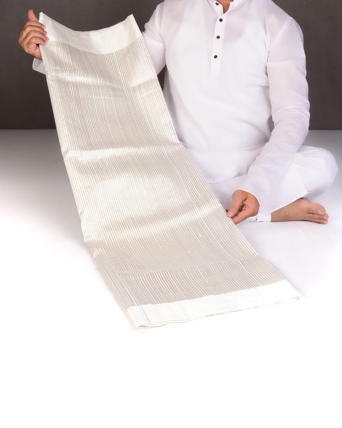 Metallic Silver Stripes Brocade Woven Dupion Silk Saree with Satin Border-HolyWeaves