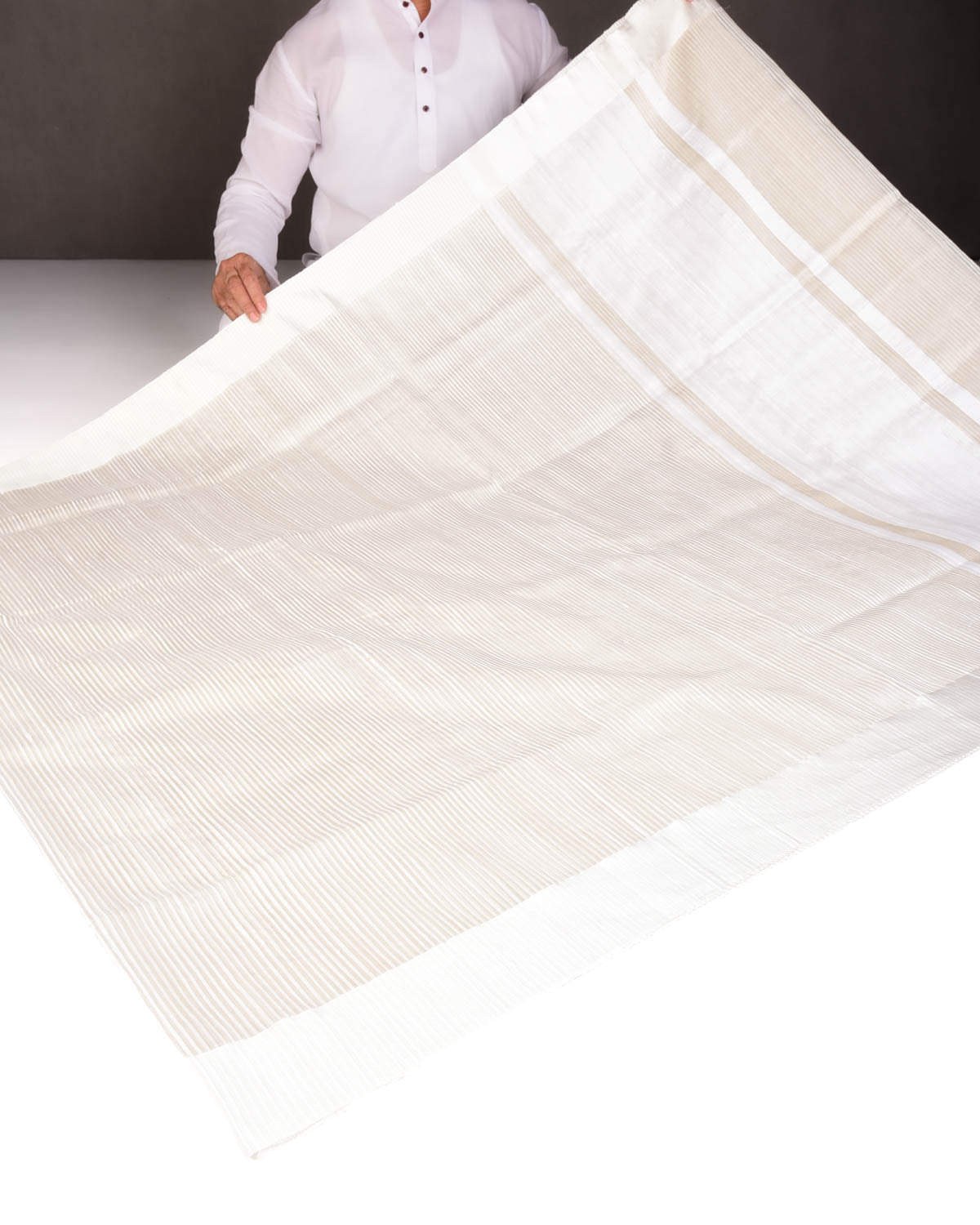 Metallic Silver Stripes Brocade Woven Dupion Silk Saree with Satin Border-HolyWeaves