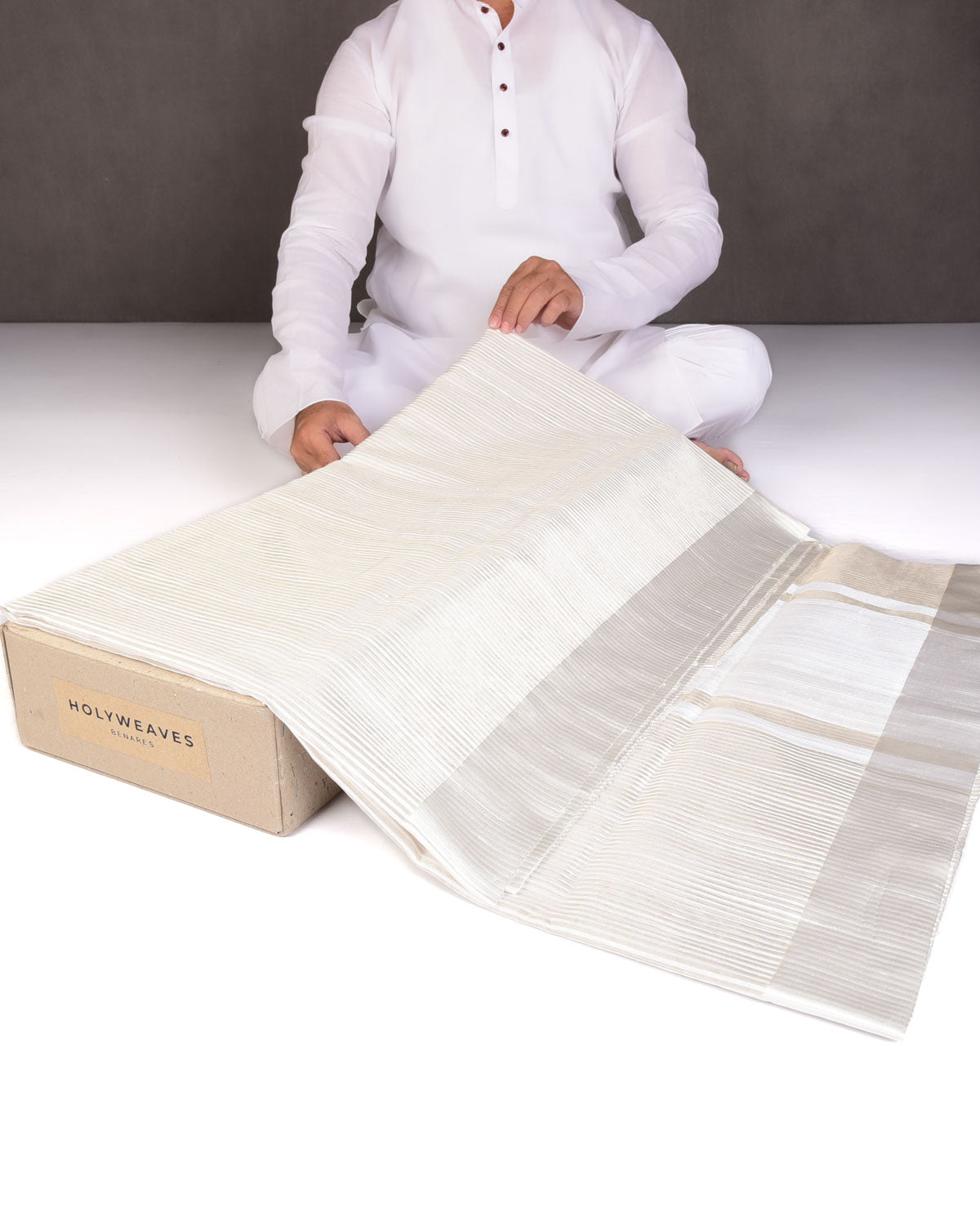 Metallic Silver Stripes Brocade Woven Dupion Silk Saree with Satin Border-HolyWeaves