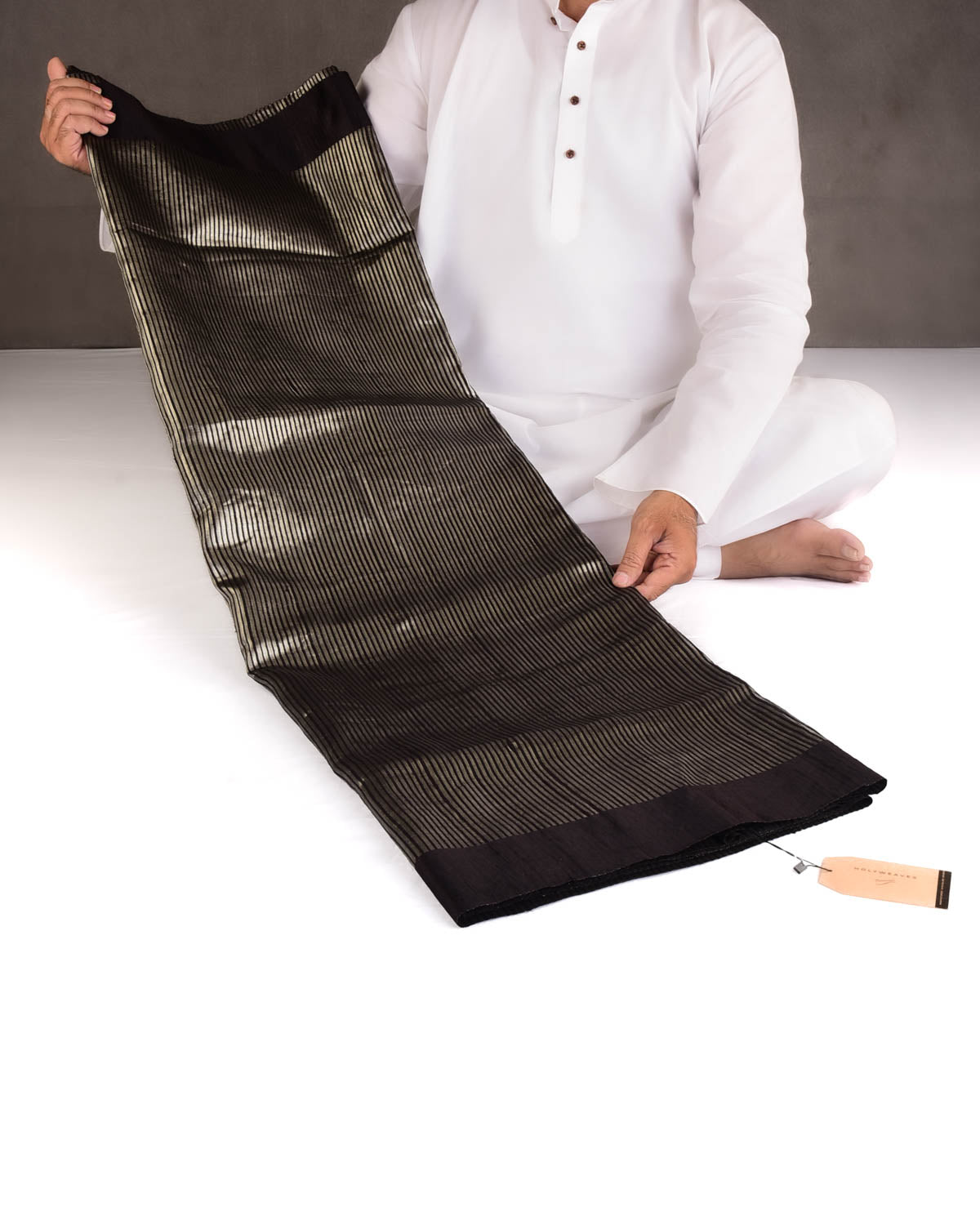 Black Silver Zari Stripes Brocade Woven Dupion Silk Saree with Satin Border