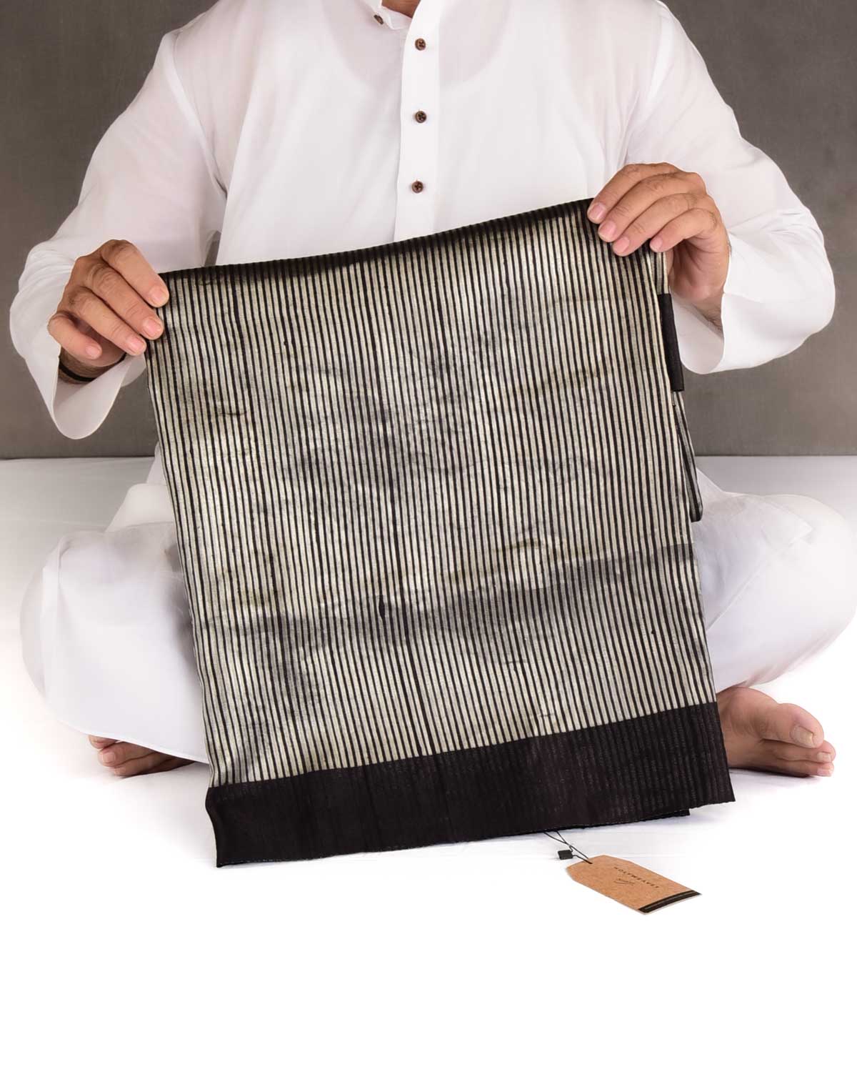 Black Silver Zari Stripes Brocade Woven Dupion Silk Saree with Satin Border