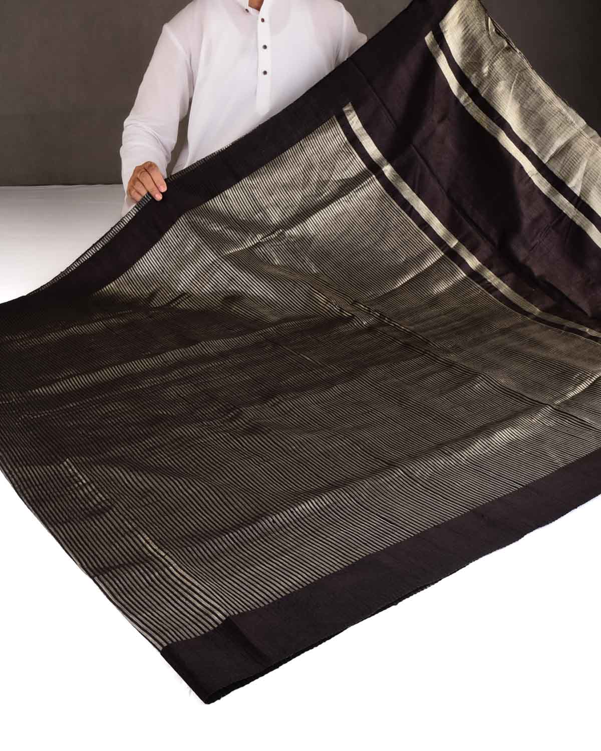 Black Silver Zari Stripes Brocade Woven Dupion Silk Saree with Satin Border