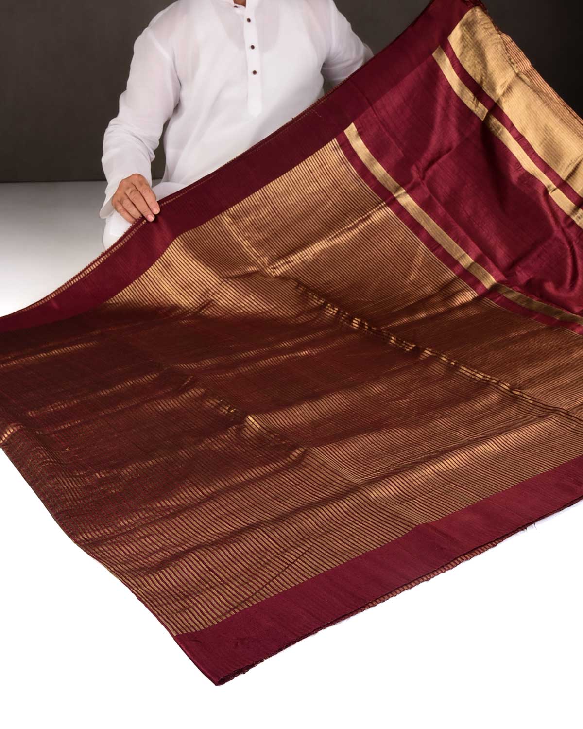 Burgundy Gold Zari Stripes Brocade Woven Dupion Silk Saree with Satin Border
