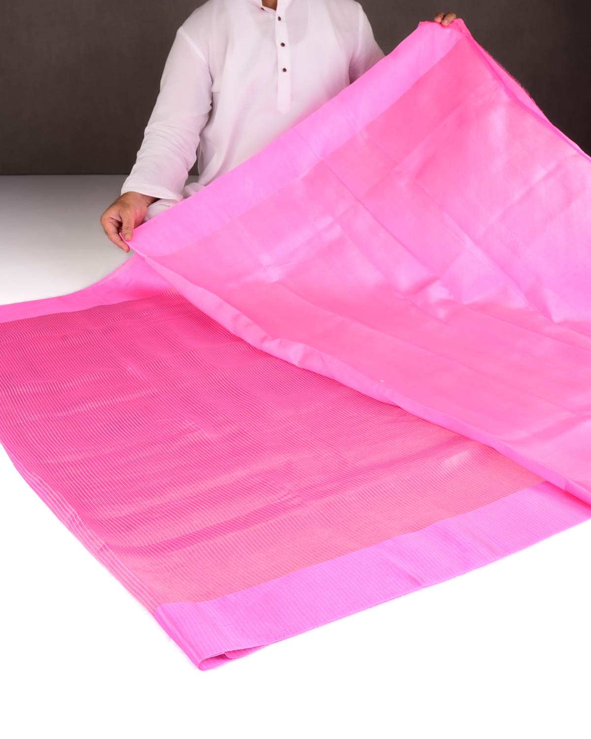 Pink Gold Zari Stripes Brocade Woven Spun Silk Banarasi Saree with Satin Border