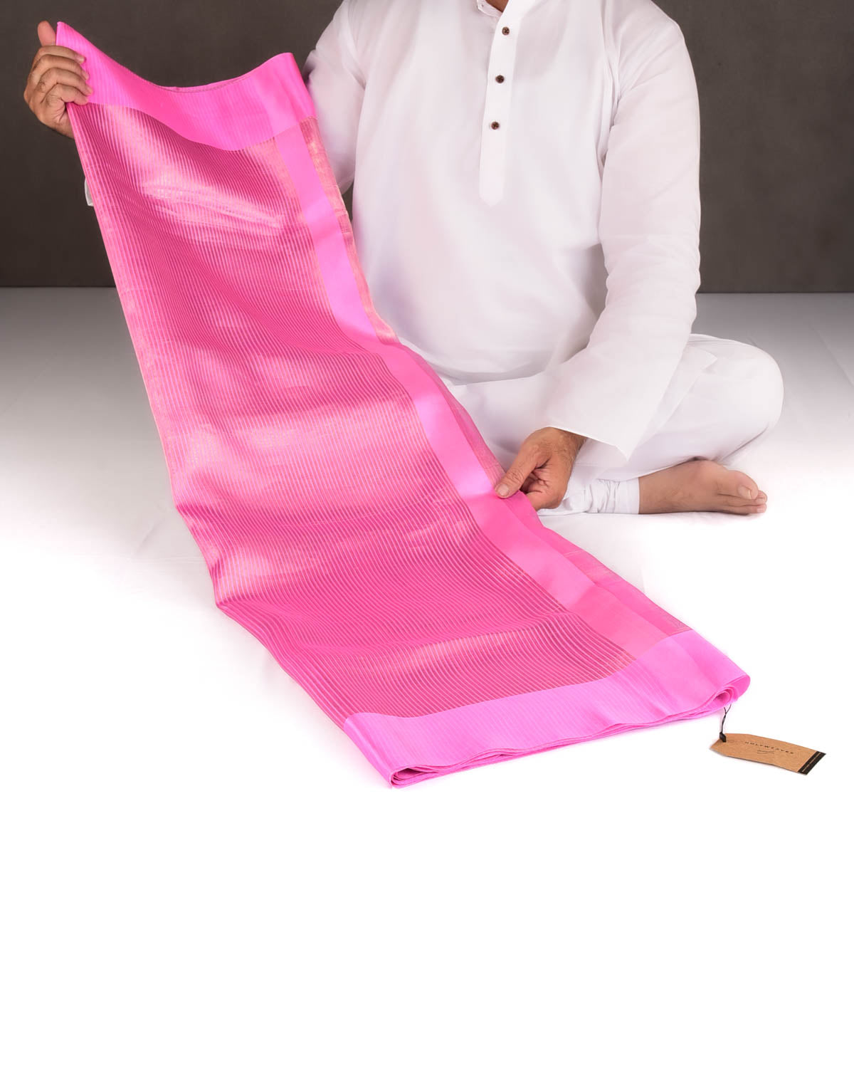 Pink Gold Zari Stripes Brocade Woven Spun Silk Banarasi Saree with Satin Border