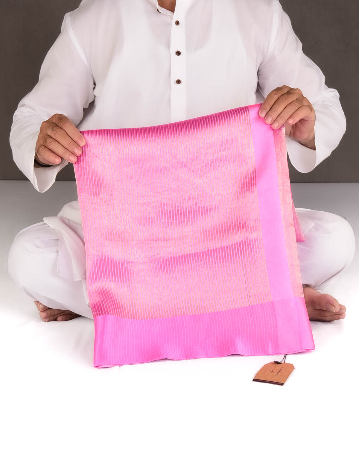 Pink Gold Zari Stripes Brocade Woven Spun Silk Banarasi Saree with Satin Border