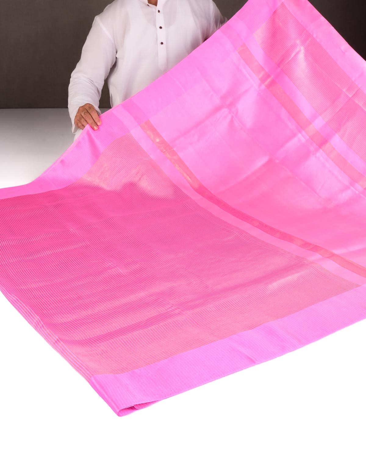 Pink Gold Zari Stripes Brocade Woven Spun Silk Banarasi Saree with Satin Border