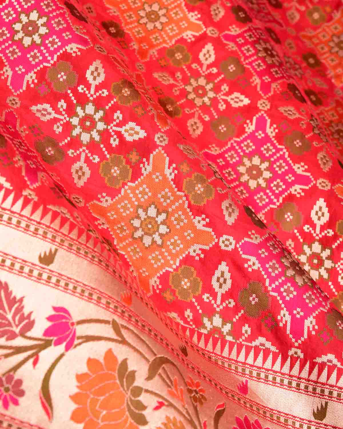 Bridal Red Traditional Patola Cutwork Brocade Handwoven Katan Silk Saree-HolyWeaves