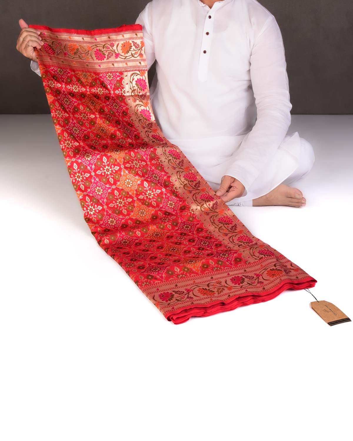 Bridal Red Traditional Patola Cutwork Brocade Handwoven Katan Silk Saree-HolyWeaves