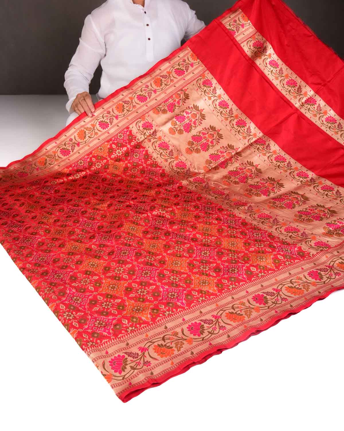 Bridal Red Traditional Patola Cutwork Brocade Handwoven Katan Silk Saree-HolyWeaves