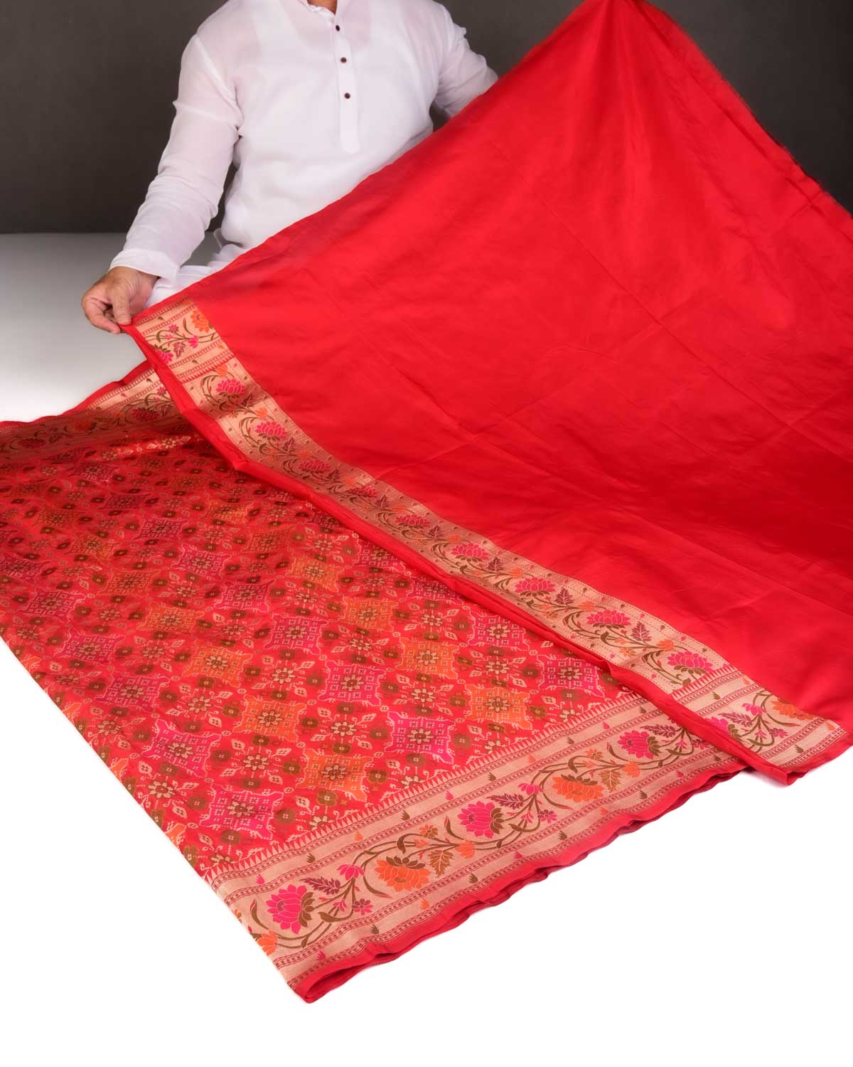 Bridal Red Traditional Patola Cutwork Brocade Handwoven Katan Silk Saree-HolyWeaves