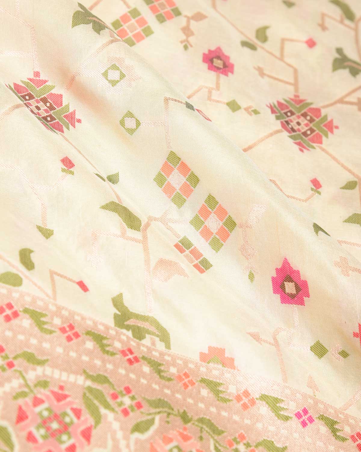 Cream Traditional Patola Cutwork Brocade Handwoven Katan Silk Saree-HolyWeaves