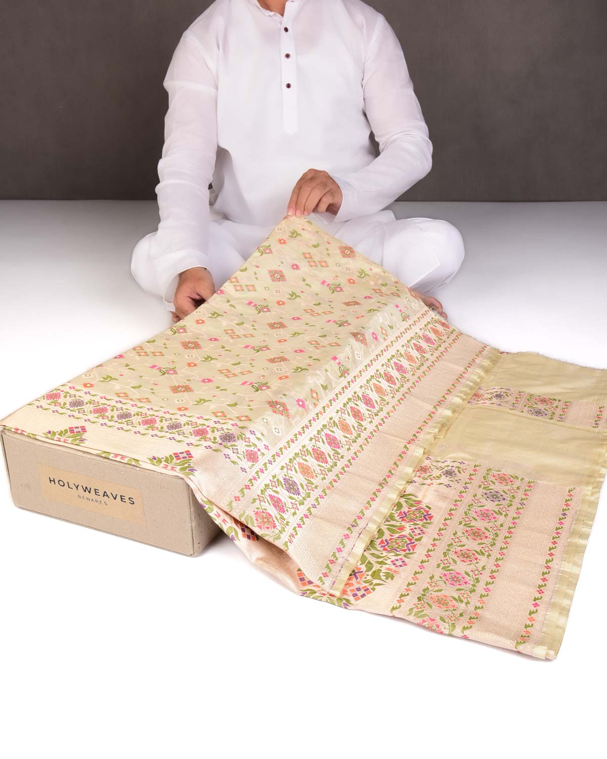 Cream Traditional Patola Cutwork Brocade Handwoven Katan Silk Saree-HolyWeaves