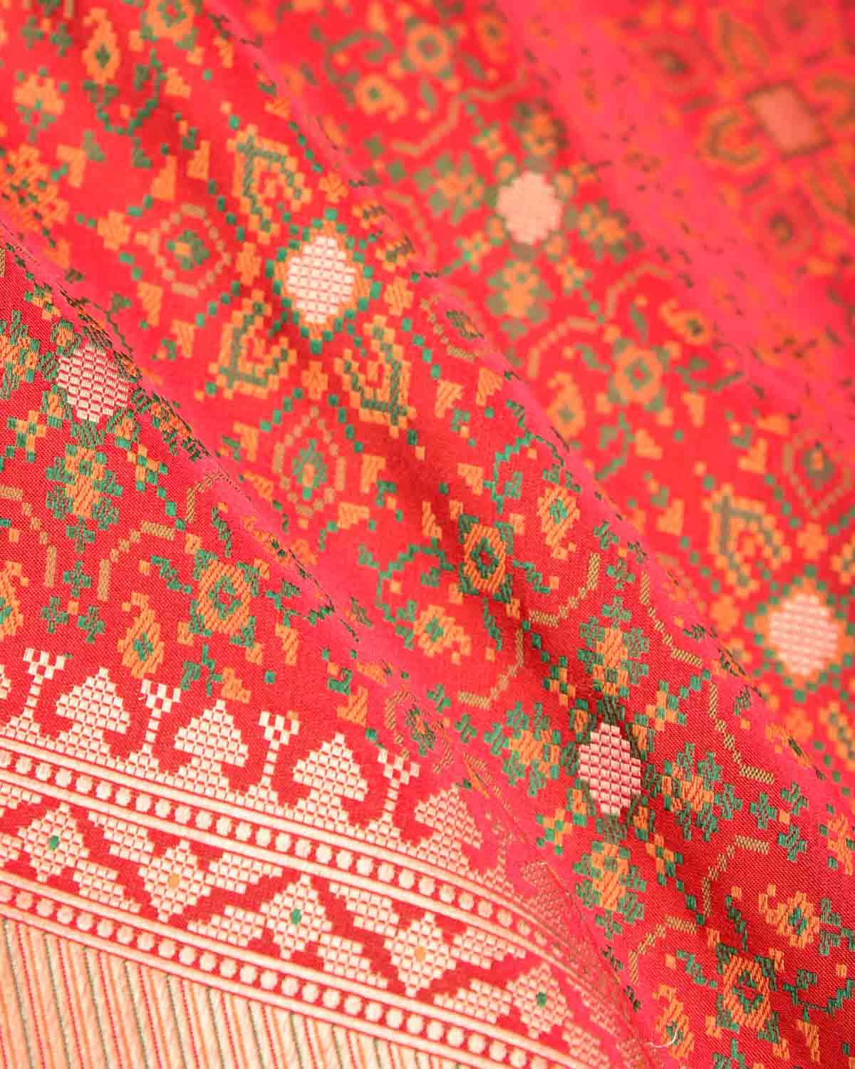 Red Traditional Tehra Satin Jamawar Brocade Handwoven Katan Silk Saree with Gold Zari Accents-HolyWeaves