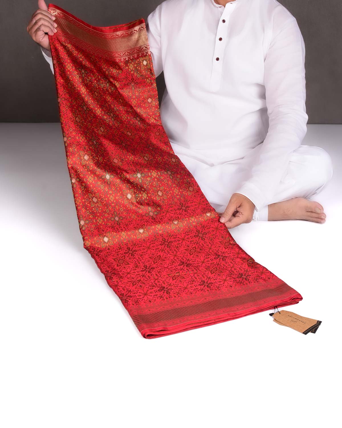 Red Traditional Tehra Satin Jamawar Brocade Handwoven Katan Silk Saree with Gold Zari Accents-HolyWeaves