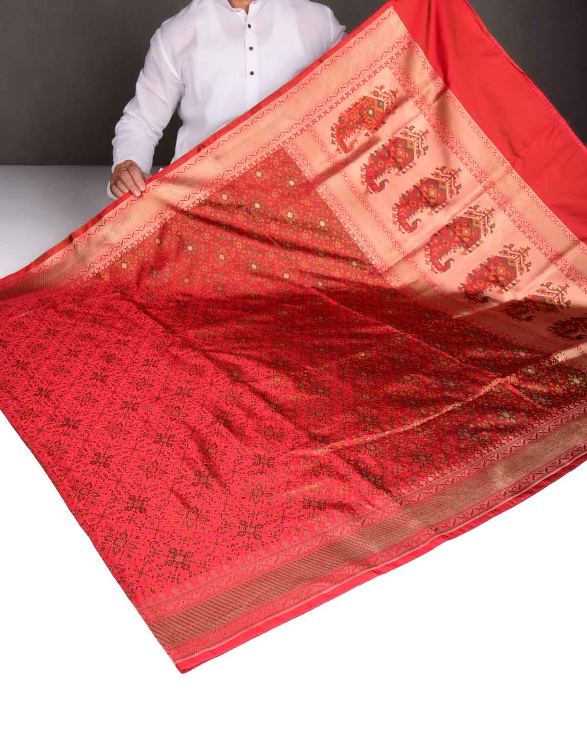 Red Traditional Tehra Satin Jamawar Brocade Handwoven Katan Silk Saree with Gold Zari Accents-HolyWeaves