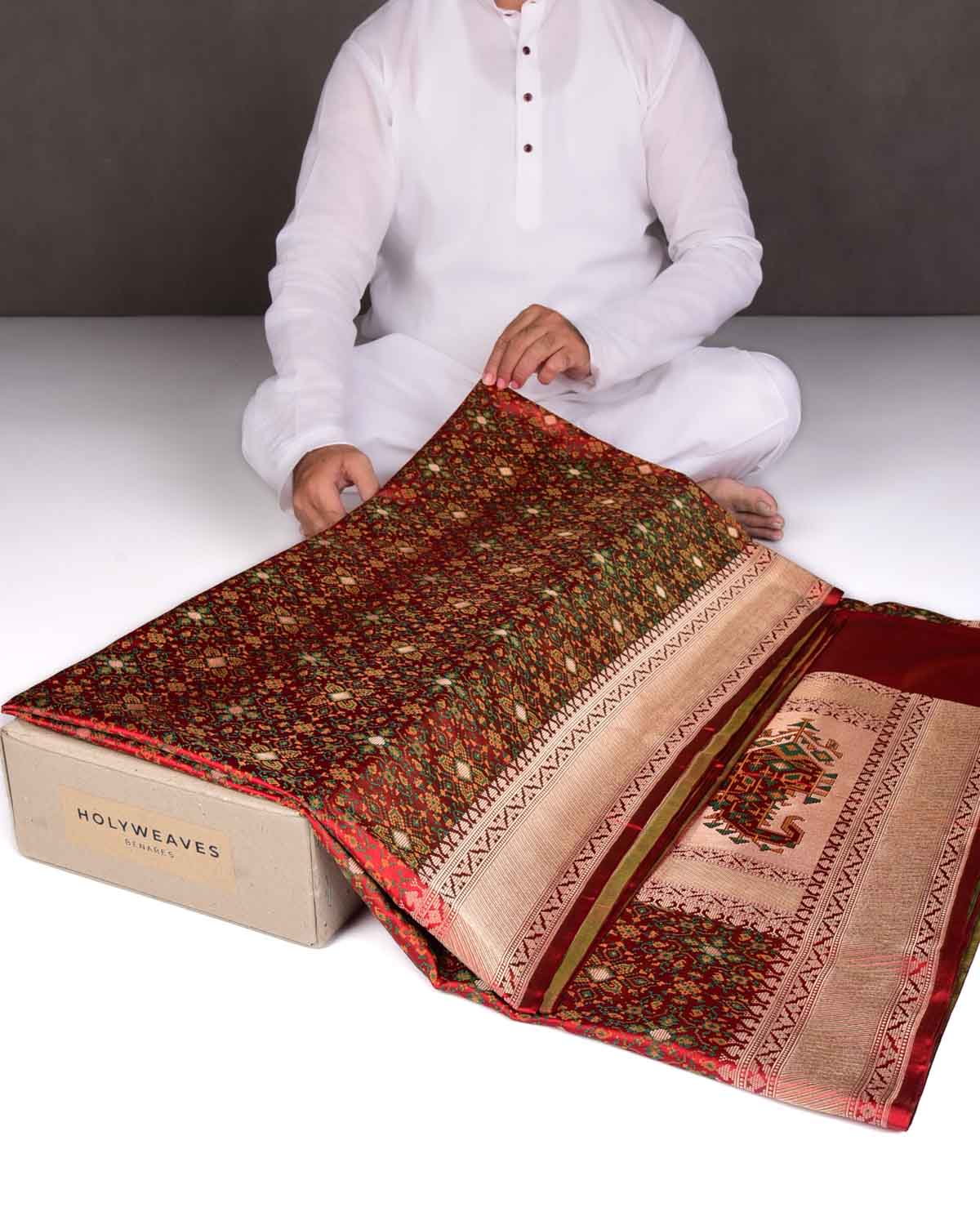 Red Traditional Tehra Satin Jamawar Brocade Handwoven Katan Silk Saree with Gold Zari Accents-HolyWeaves