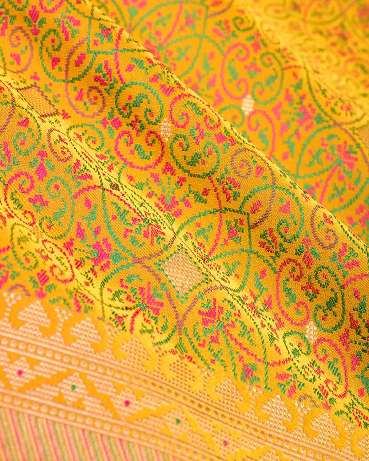 Yellow Traditional Tehra Satin Jamawar Brocade Handwoven Katan Silk Saree with Gold Zari Accents-HolyWeaves