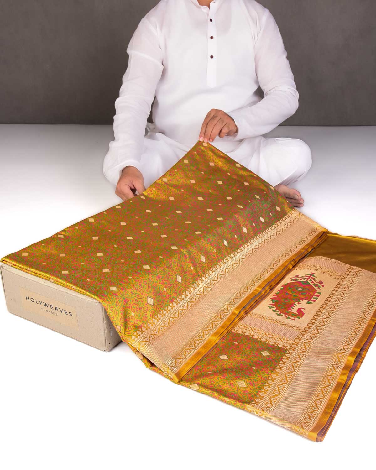 Yellow Traditional Tehra Satin Jamawar Brocade Handwoven Katan Silk Saree with Gold Zari Accents-HolyWeaves