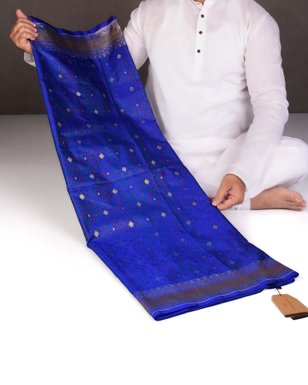 Royal Blue Traditional Tehra Satin Jamawar Brocade Handwoven Katan Silk Saree with Gold Zari Accents-HolyWeaves