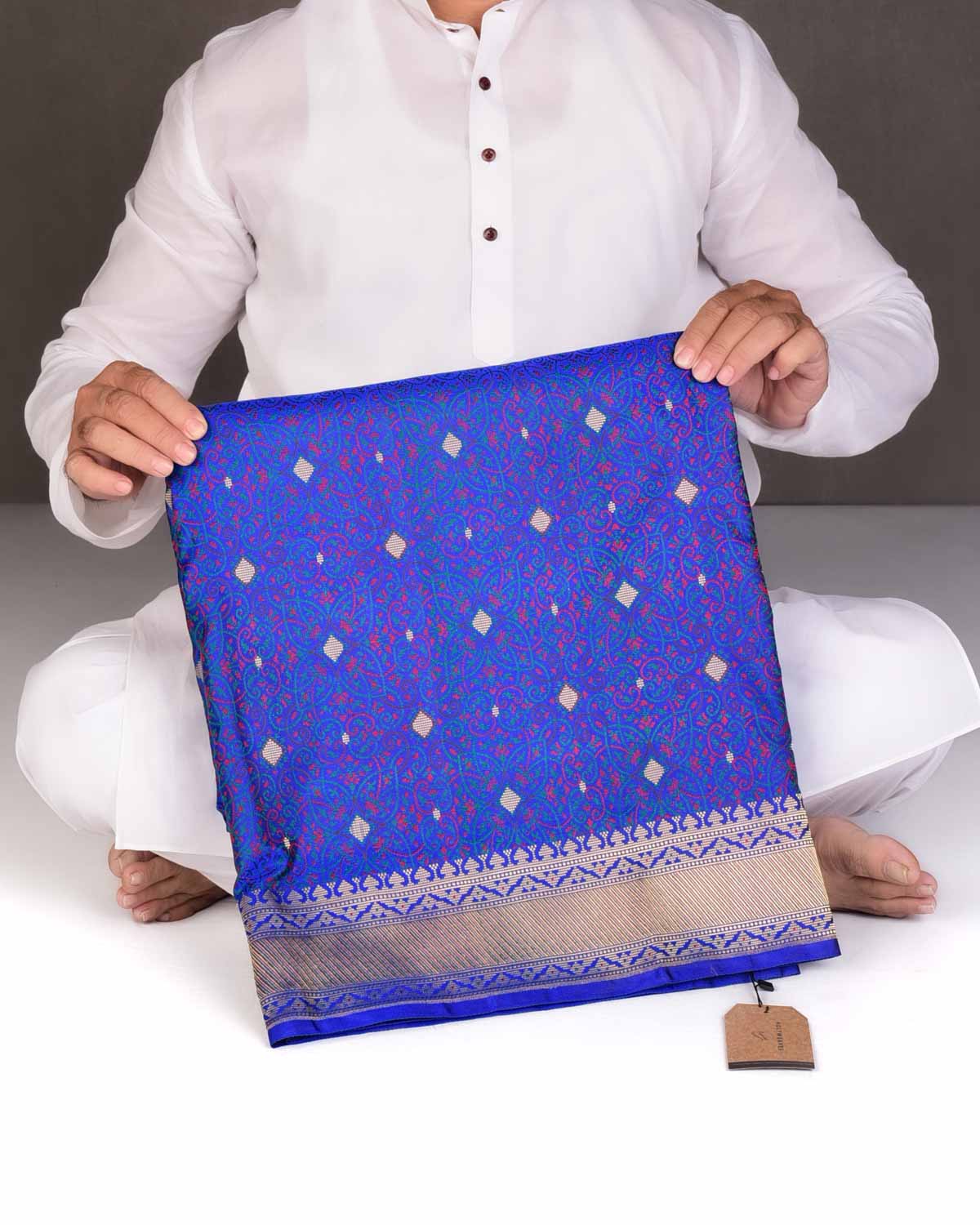 Royal Blue Traditional Tehra Satin Jamawar Brocade Handwoven Katan Silk Saree with Gold Zari Accents-HolyWeaves