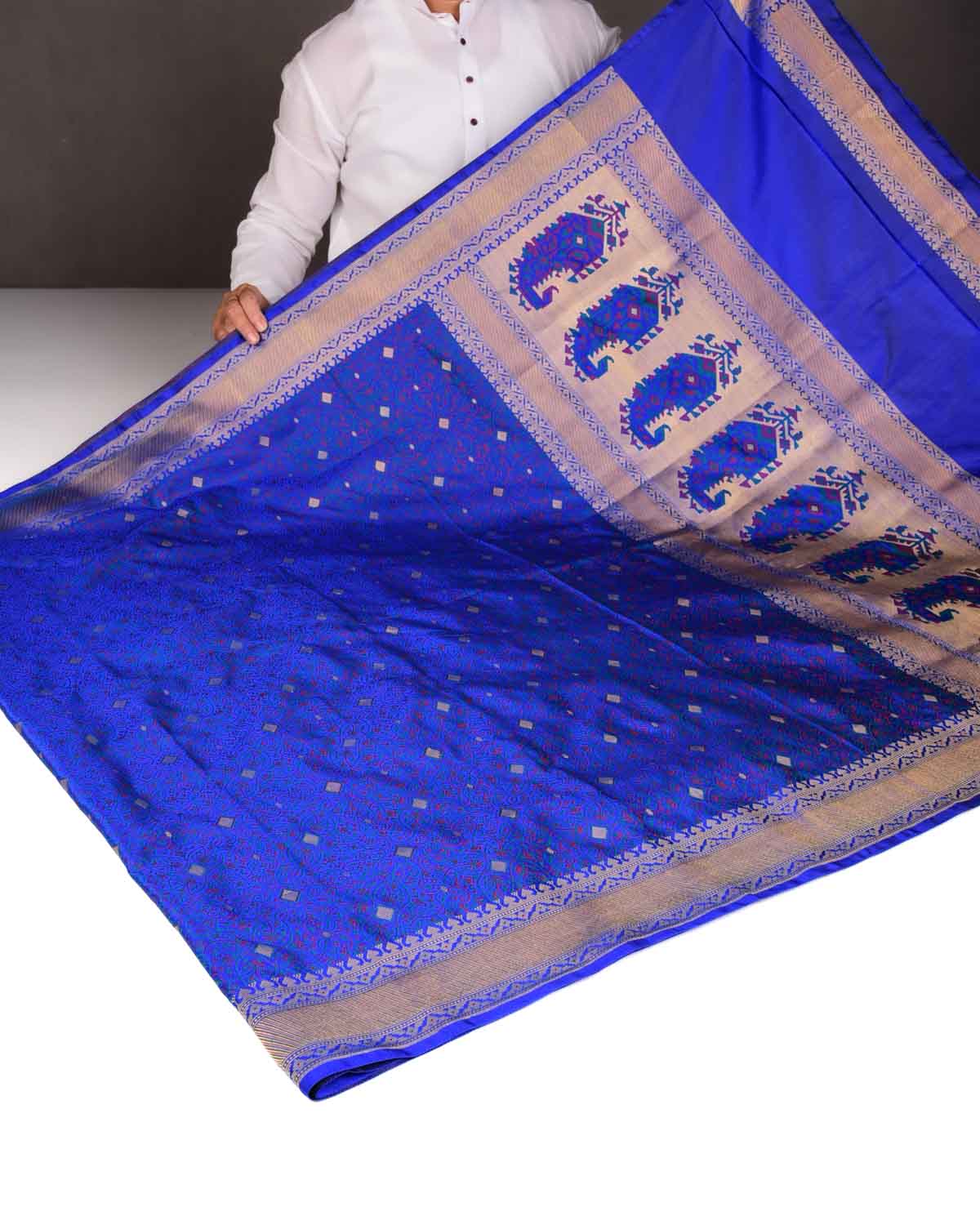 Royal Blue Traditional Tehra Satin Jamawar Brocade Handwoven Katan Silk Saree with Gold Zari Accents-HolyWeaves
