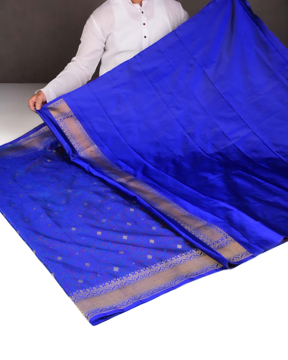 Royal Blue Traditional Tehra Satin Jamawar Brocade Handwoven Katan Silk Saree with Gold Zari Accents-HolyWeaves