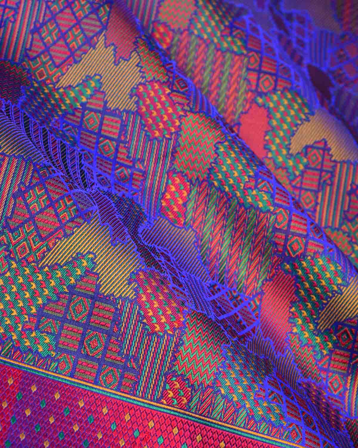 Royal Blue Abstract Tehra Satin Jamawar Handwoven Katan Silk Saree-HolyWeaves