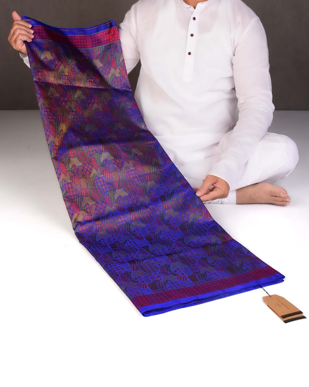 Royal Blue Abstract Tehra Satin Jamawar Handwoven Katan Silk Saree-HolyWeaves