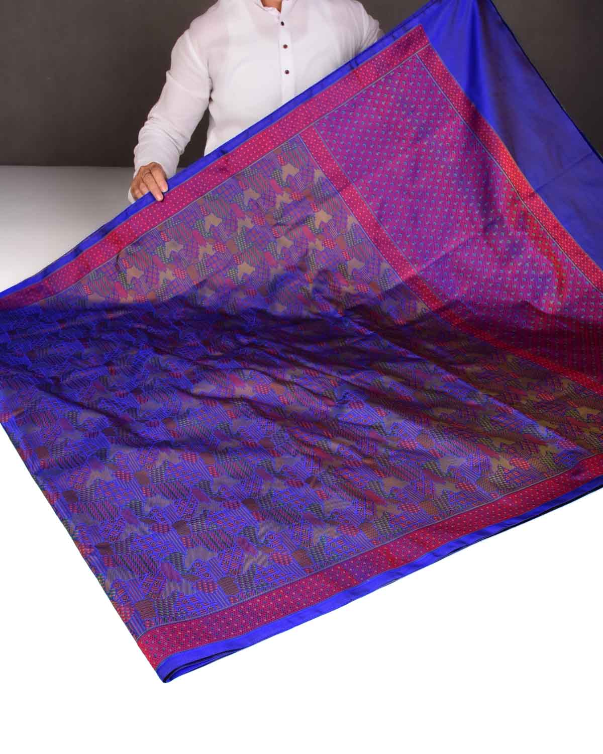 Royal Blue Abstract Tehra Satin Jamawar Handwoven Katan Silk Saree-HolyWeaves