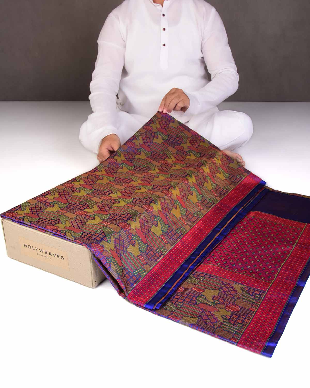 Royal Blue Abstract Tehra Satin Jamawar Handwoven Katan Silk Saree-HolyWeaves