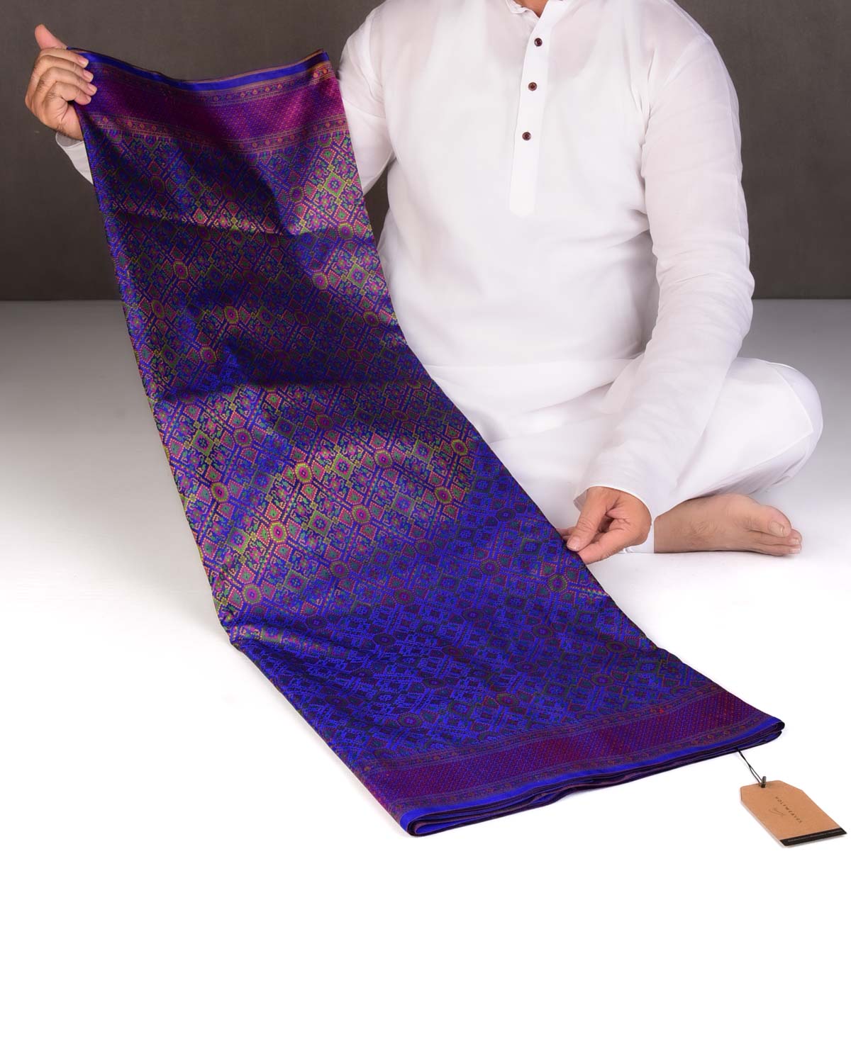 Royal Blue Traditional Patola Satin Jamawar Handwoven Katan Silk Saree-HolyWeaves