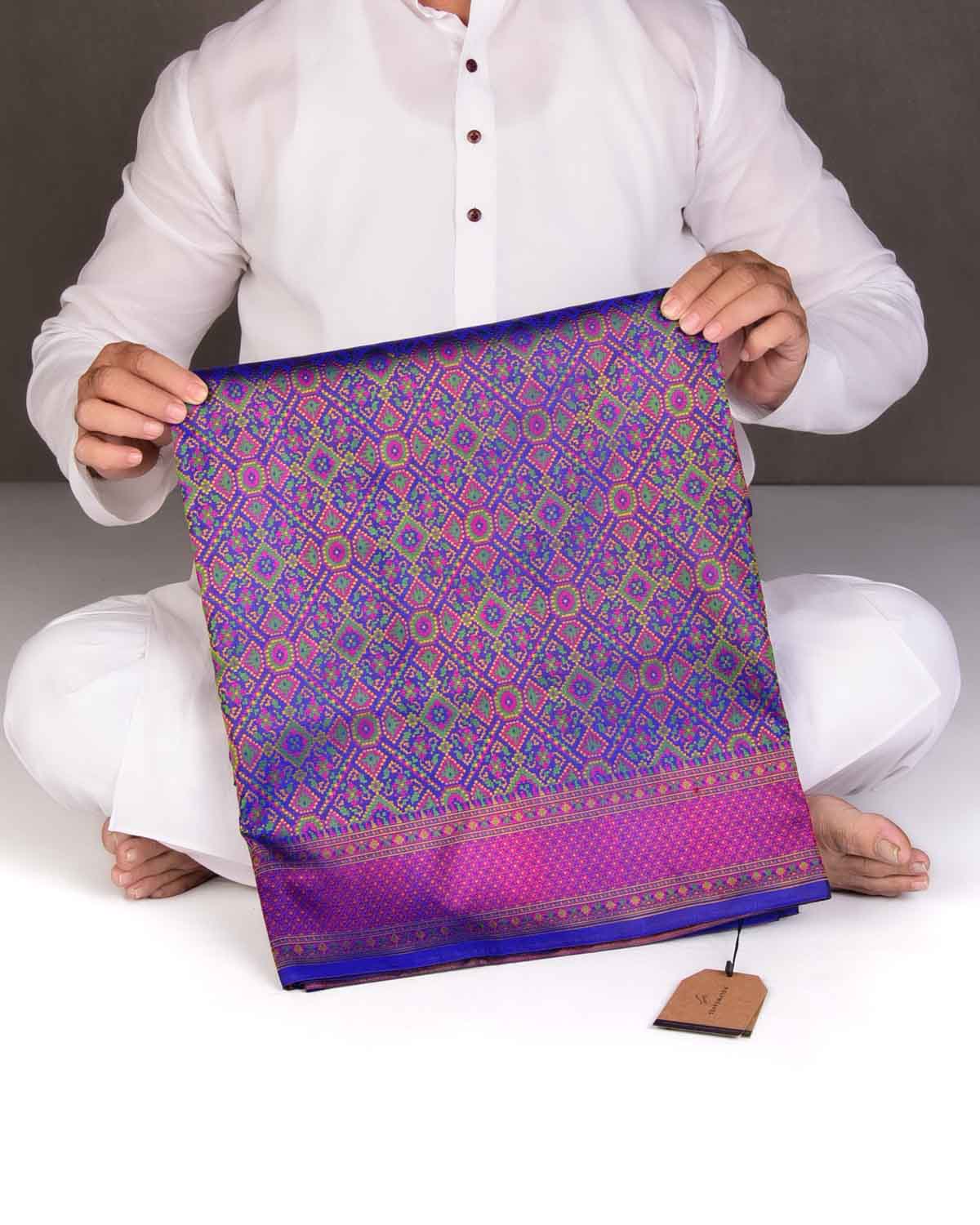 Royal Blue Traditional Patola Satin Jamawar Handwoven Katan Silk Saree-HolyWeaves